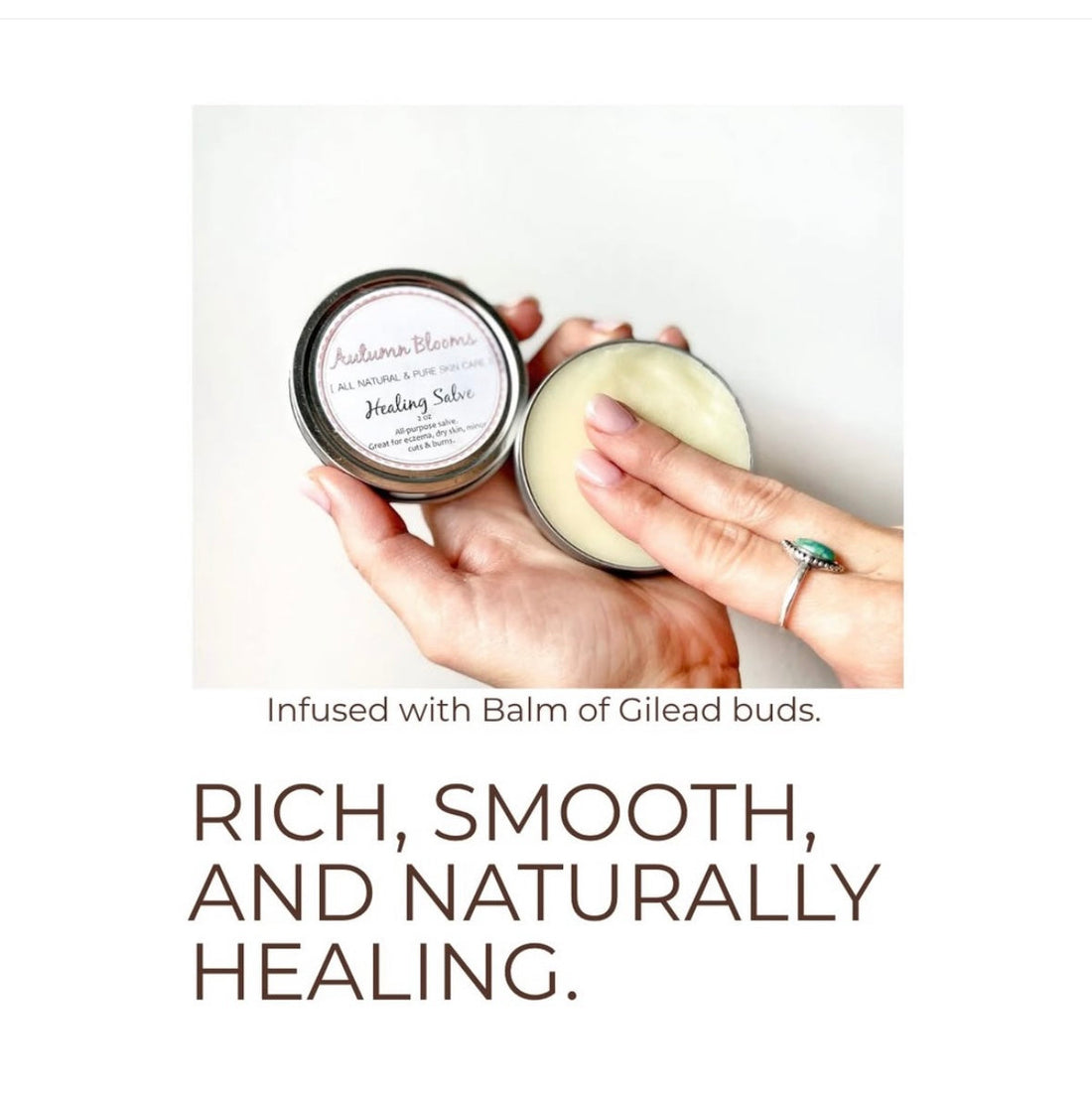 Tin of natural,  moisturizing healing salve for dry, sensitive skin being held by someone. 